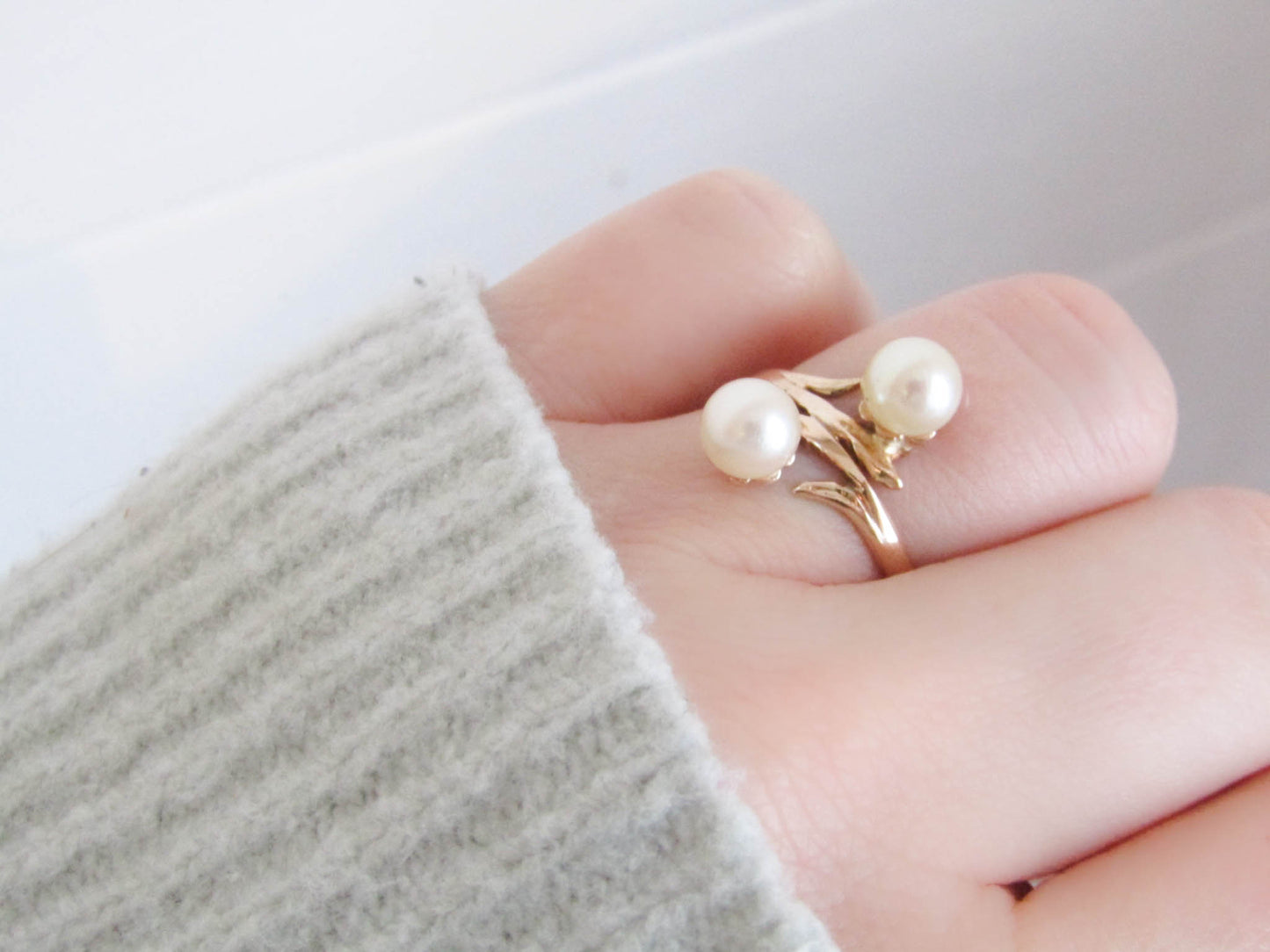 Vintage 18k French Cultured Pearl Ring, Toi et Moi Vintage Ring