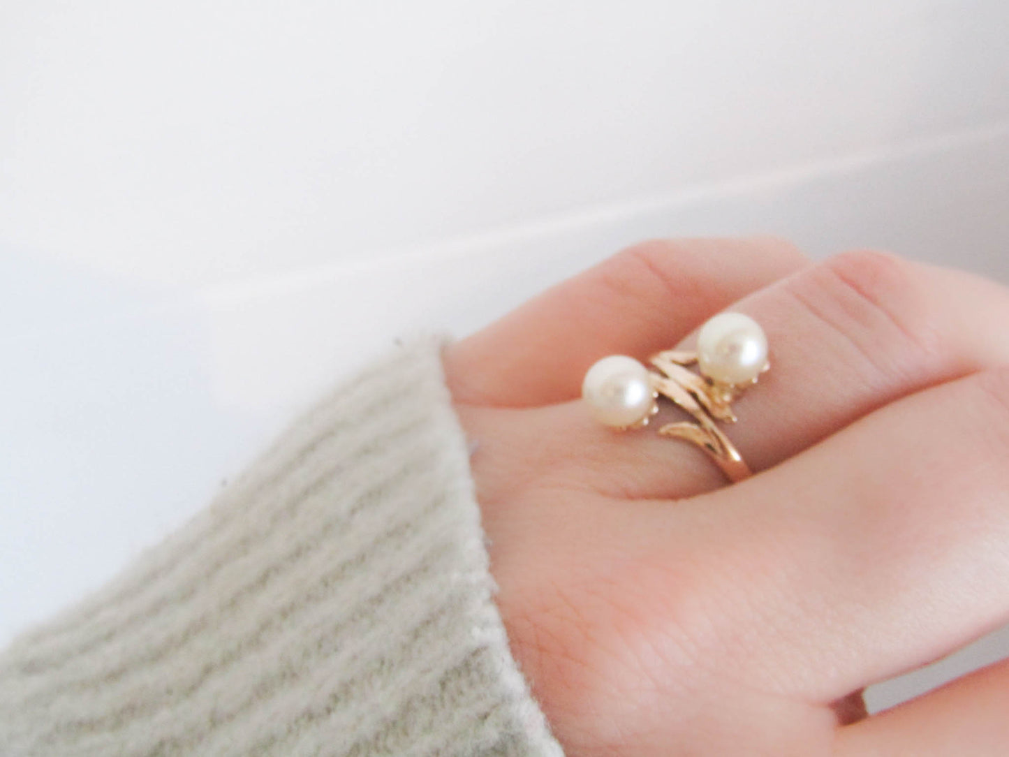 Vintage 18k French Cultured Pearl Ring, Toi et Moi Vintage Ring