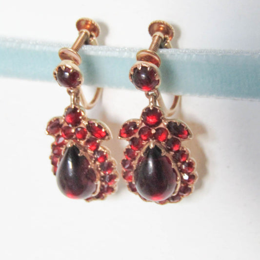 14K Gold and Garnet Antique Style Screw Back Earrings, Vintage Gold Drop Earrings