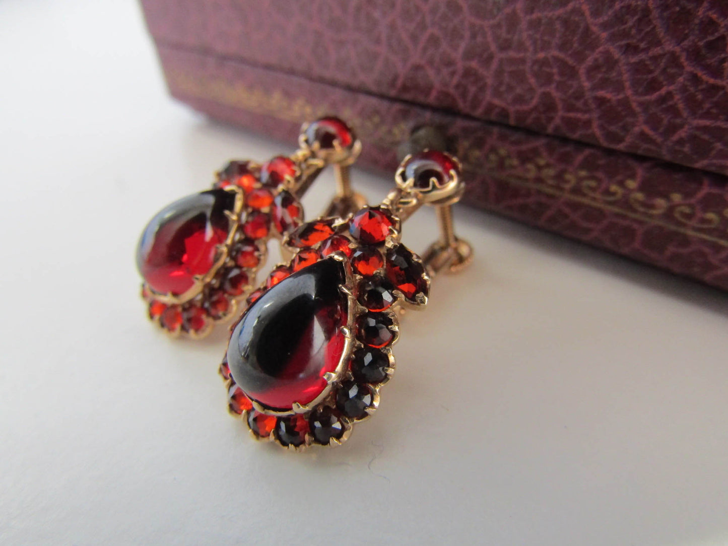 14K Gold and Garnet Antique Style Screw Back Earrings, Vintage Gold Drop Earrings