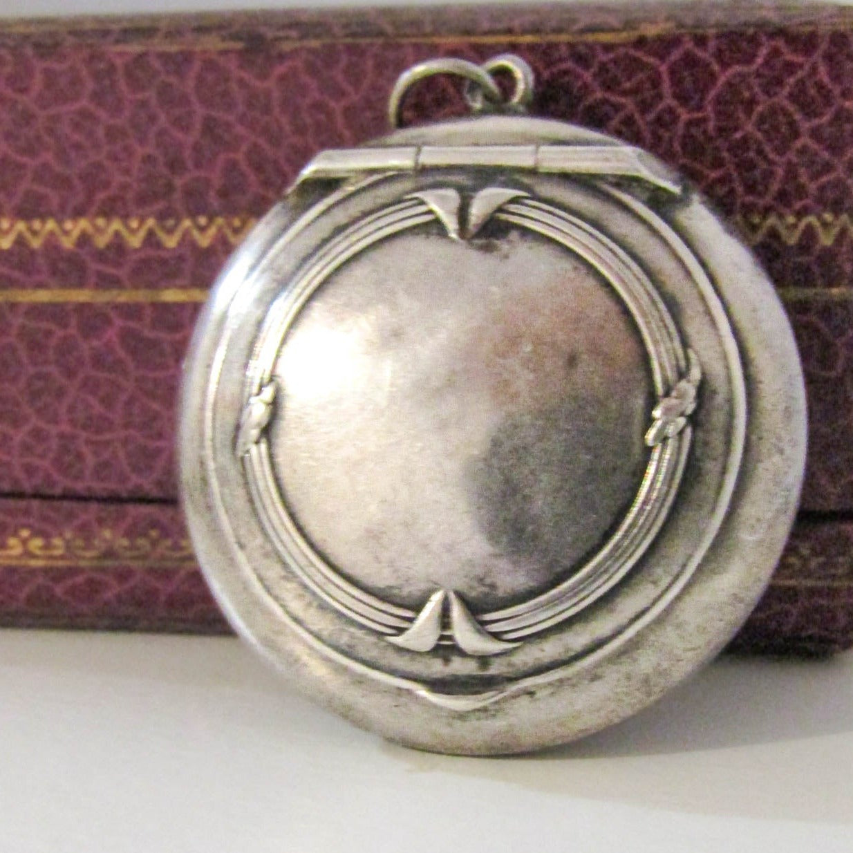 Antique French Silver Powder Box Pendant, Art Nouveau Pillbox pendant with interior vermeil