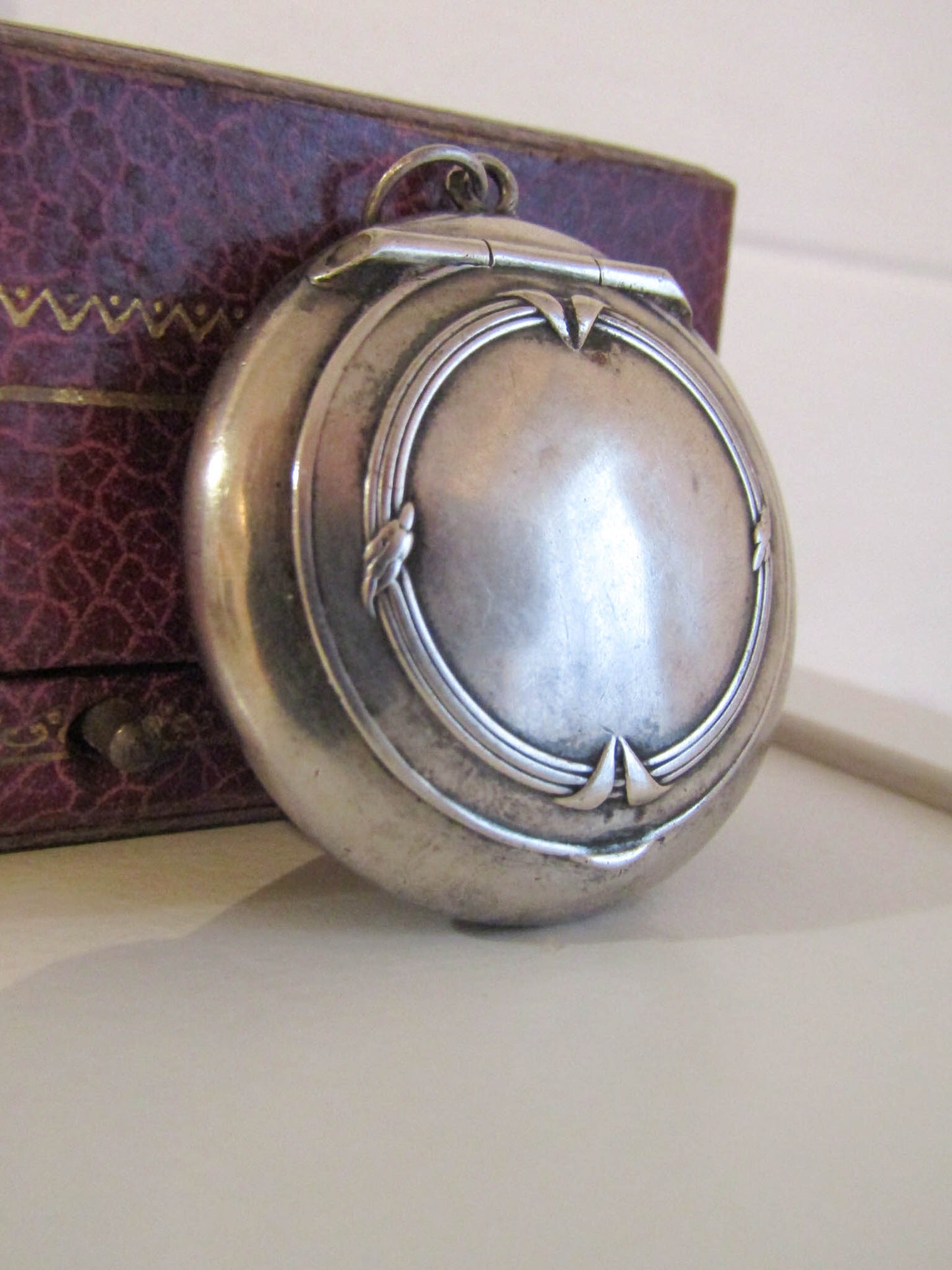 Antique French Silver Powder Box Pendant, Art Nouveau Pillbox pendant with interior vermeil