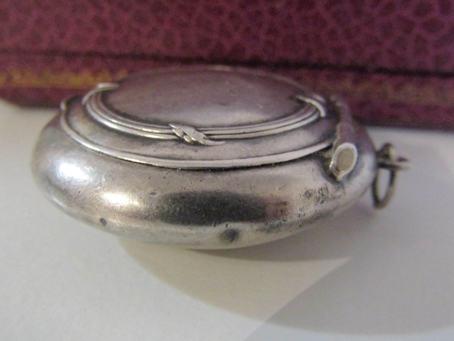 Antique French Silver Powder Box Pendant, Art Nouveau Pillbox pendant with interior vermeil