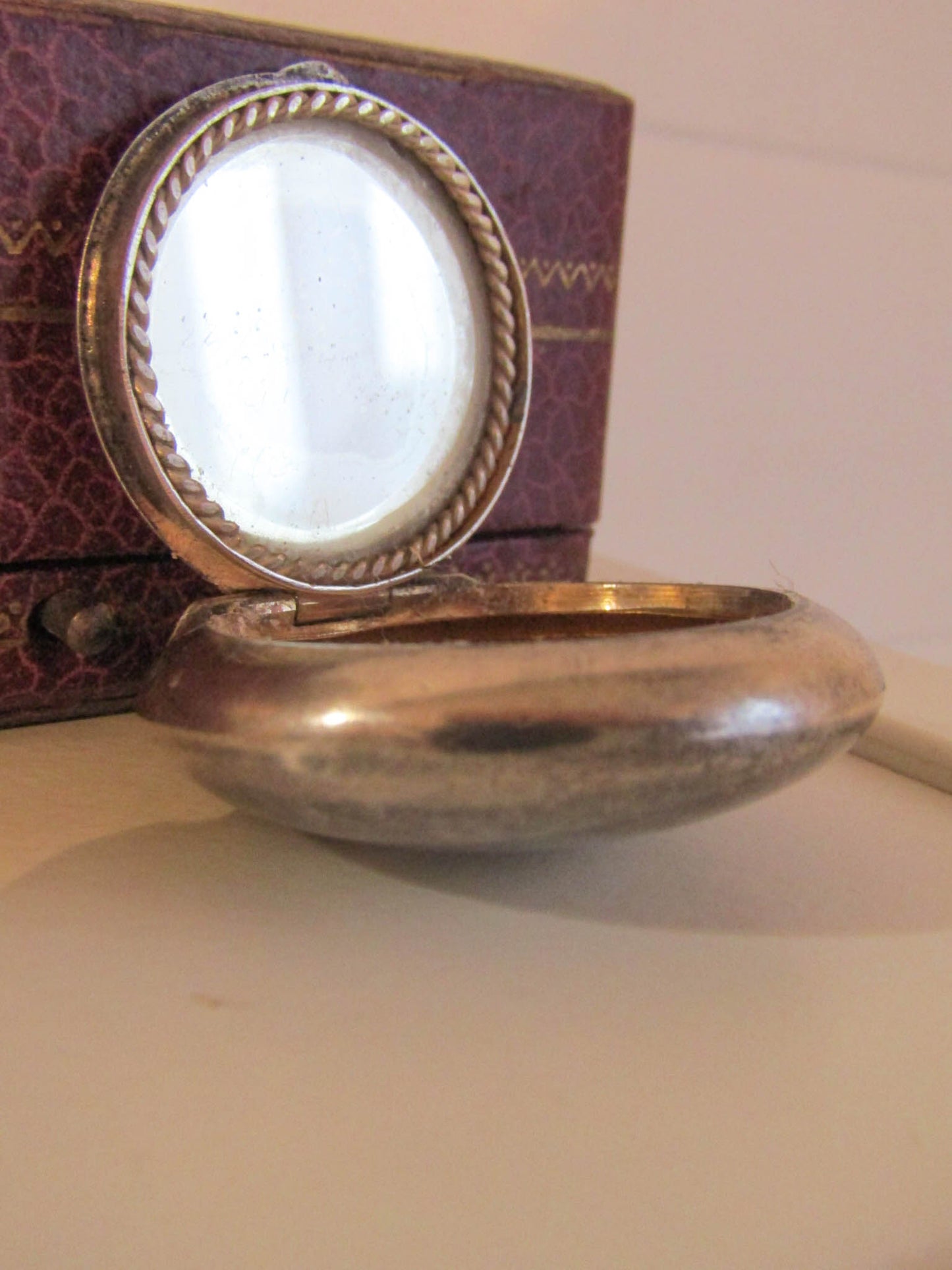 Antique French Silver Powder Box Pendant, Art Nouveau Pillbox pendant with interior vermeil