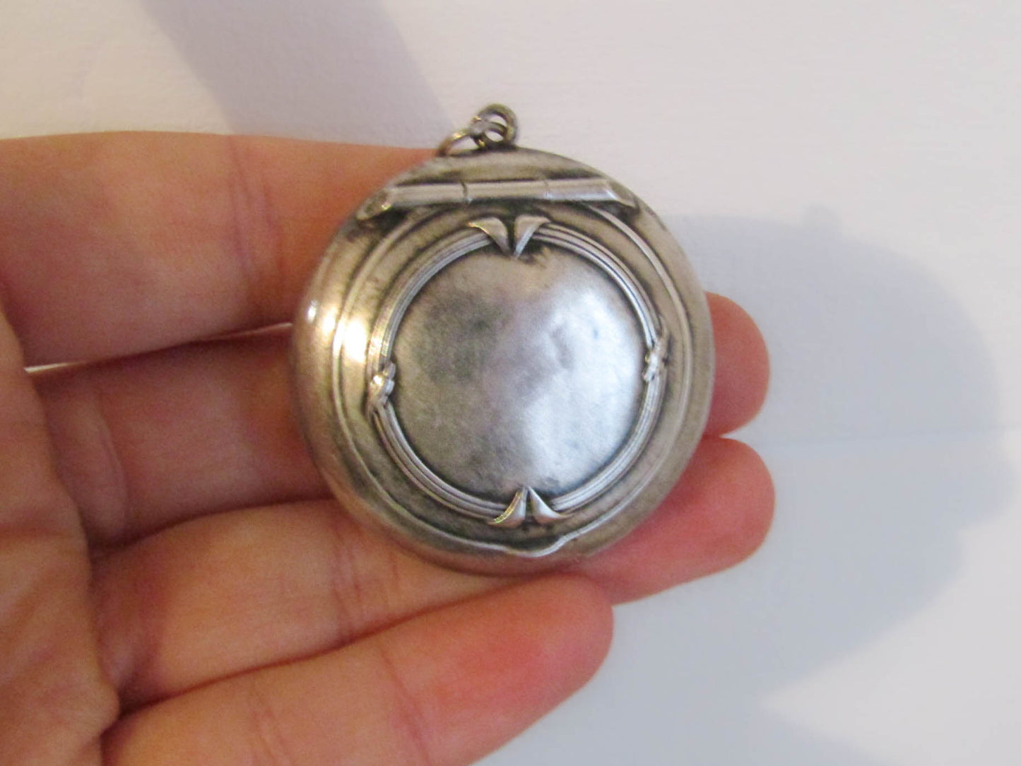 Antique French Silver Powder Box Pendant, Art Nouveau Pillbox pendant with interior vermeil