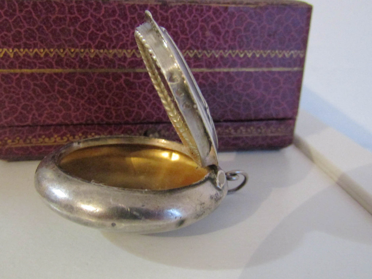 Antique French Silver Powder Box Pendant, Art Nouveau Pillbox pendant with interior vermeil