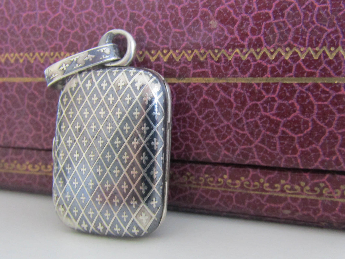 Victorian Niello Locket Fob, Antique Rectangular Silver Niello Photo Locket