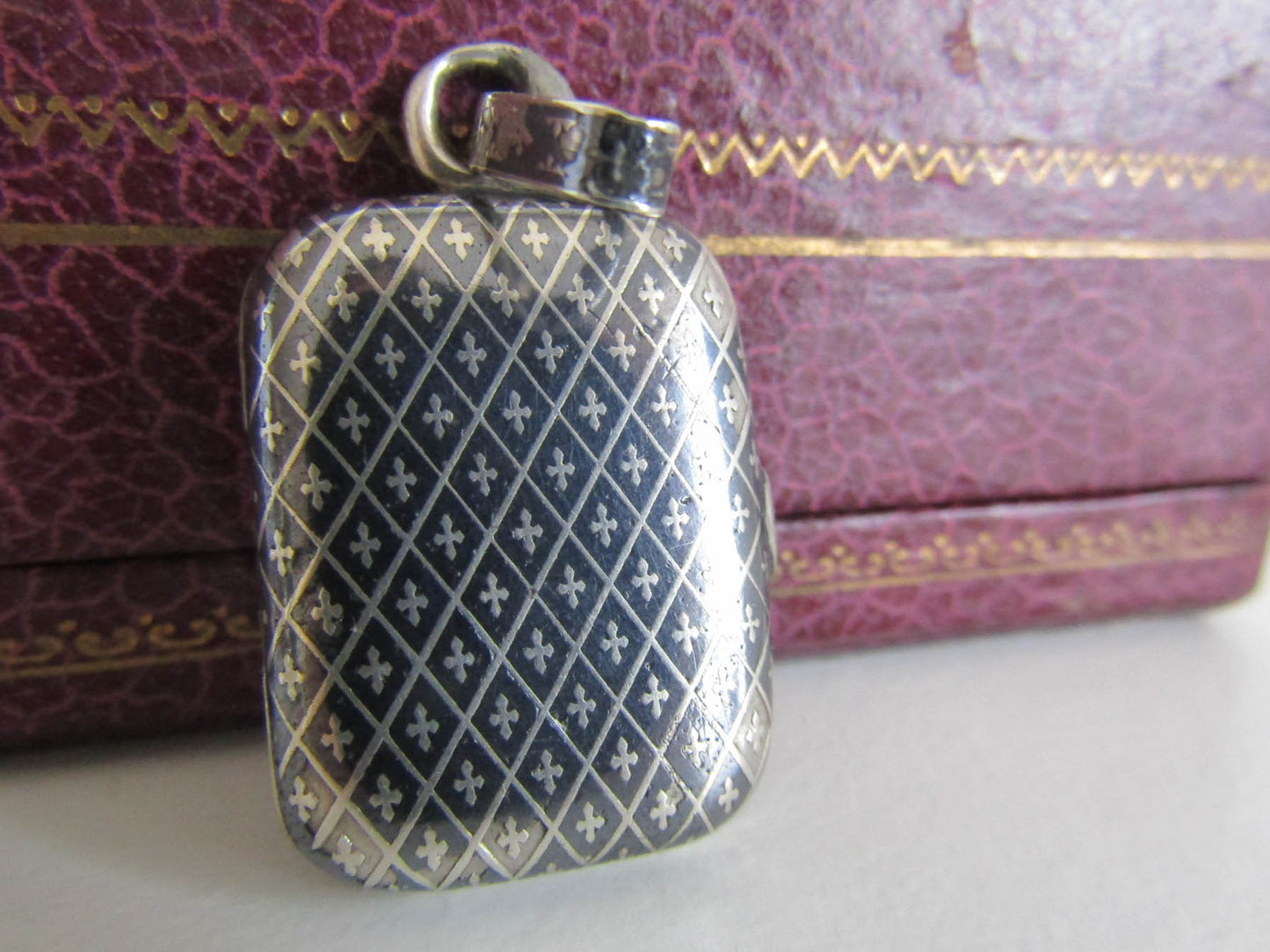 Victorian Niello Locket Fob, Antique Rectangular Silver Niello Photo Locket