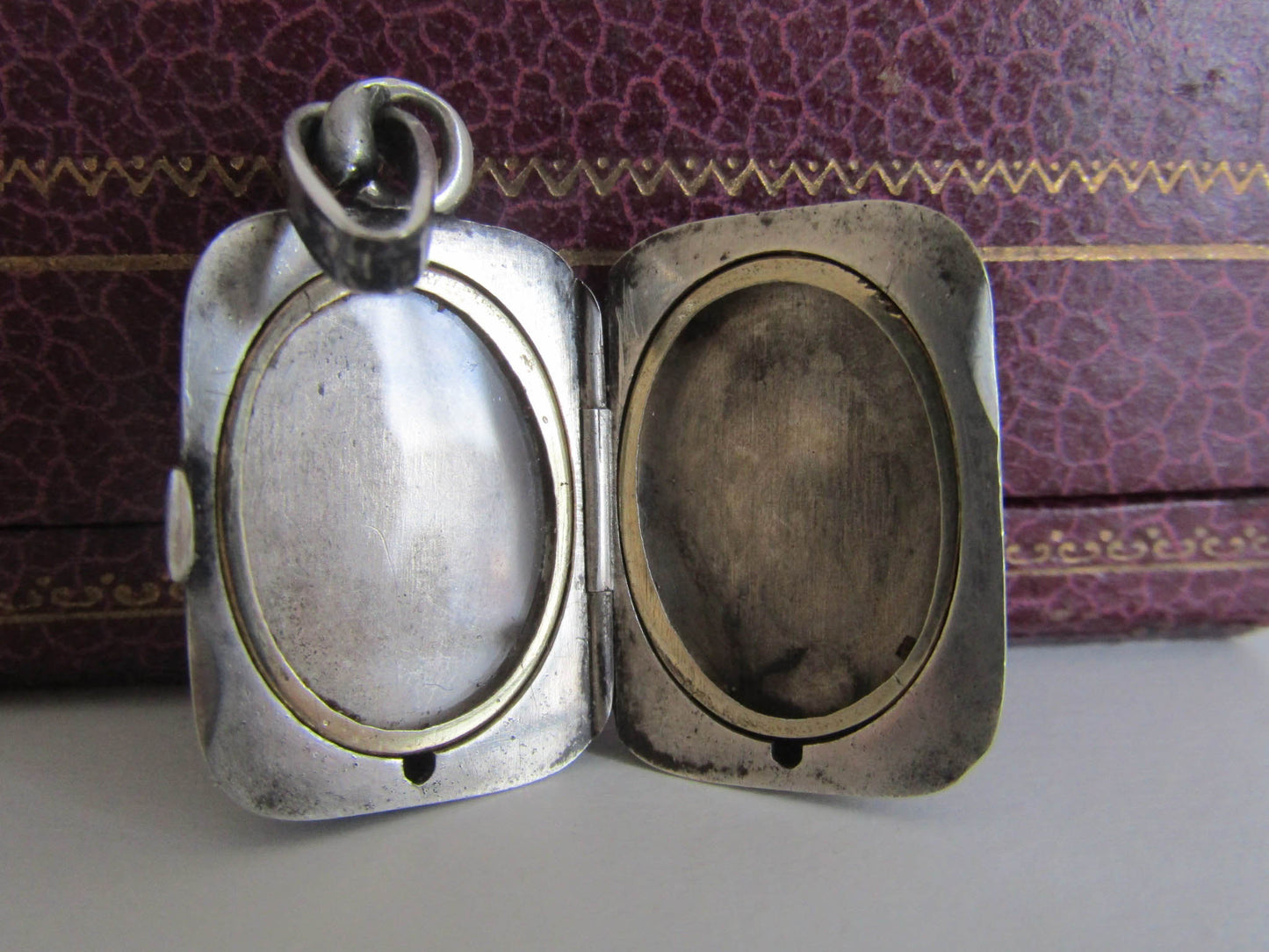 Victorian Niello Locket Fob, Antique Rectangular Silver Niello Photo Locket