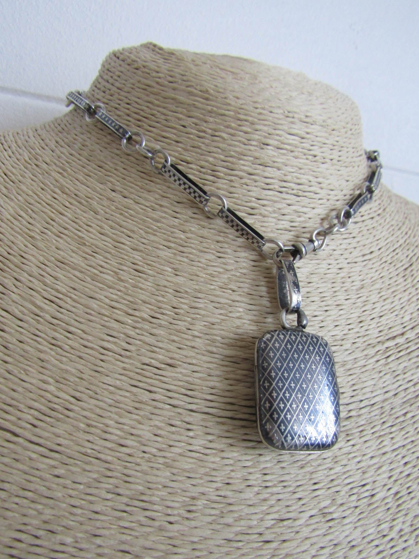 Victorian Niello Locket Fob, Antique Rectangular Silver Niello Photo Locket