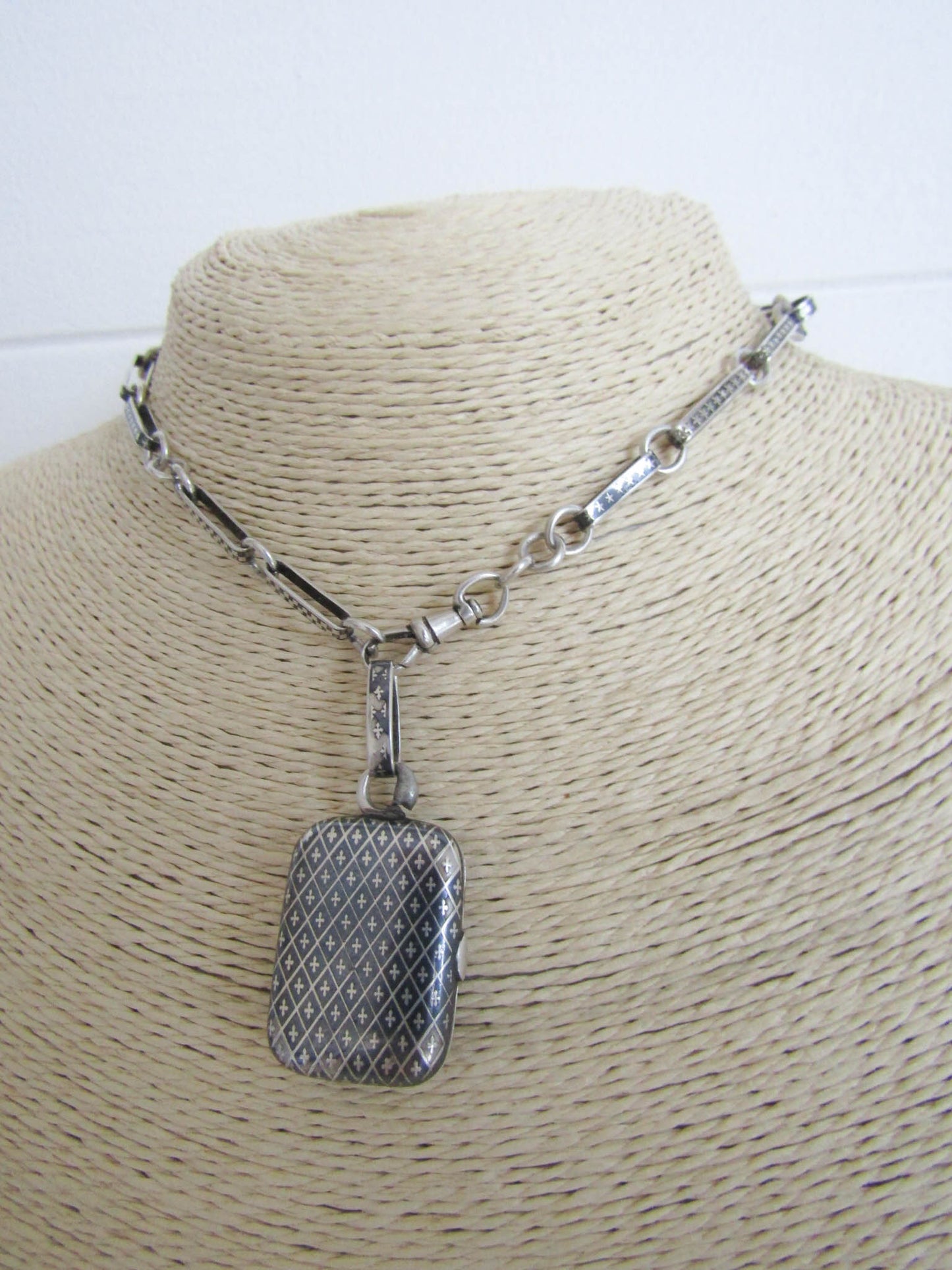 Victorian Niello Locket Fob, Antique Rectangular Silver Niello Photo Locket