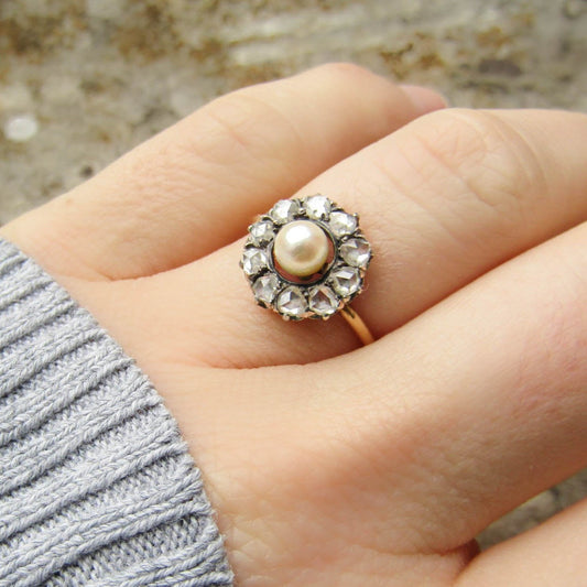 18k Diamond and Pearl Cluster Ring, Victorian French Daisy Ring, Antique XIX Century Ring