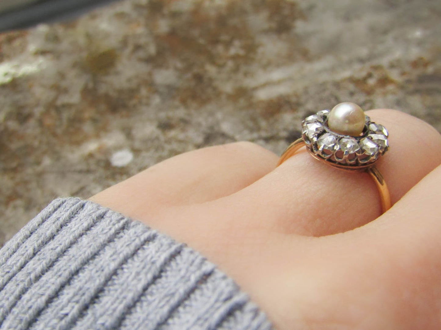 18k Diamond and Pearl Cluster Ring, Victorian French Daisy Ring, Antique XIX Century Ring