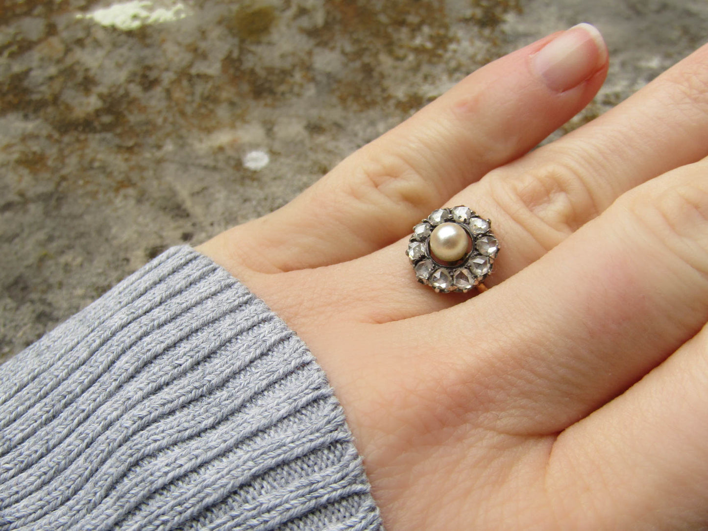 18k Diamond and Pearl Cluster Ring, Victorian French Daisy Ring, Antique XIX Century Ring