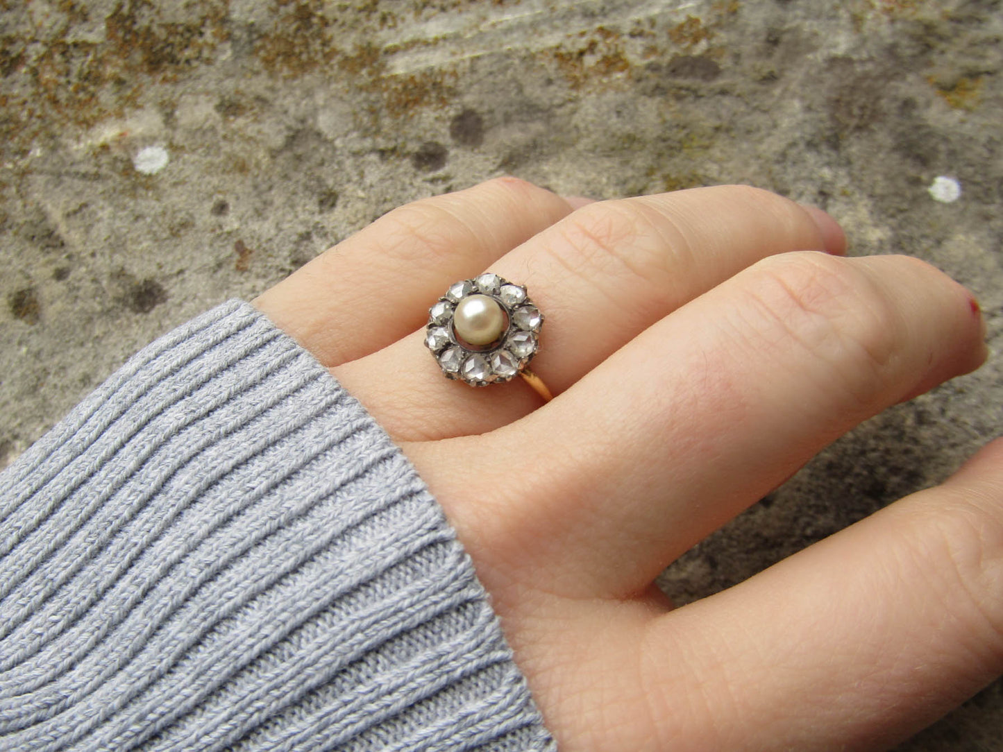 18k Diamond and Pearl Cluster Ring, Victorian French Daisy Ring, Antique XIX Century Ring