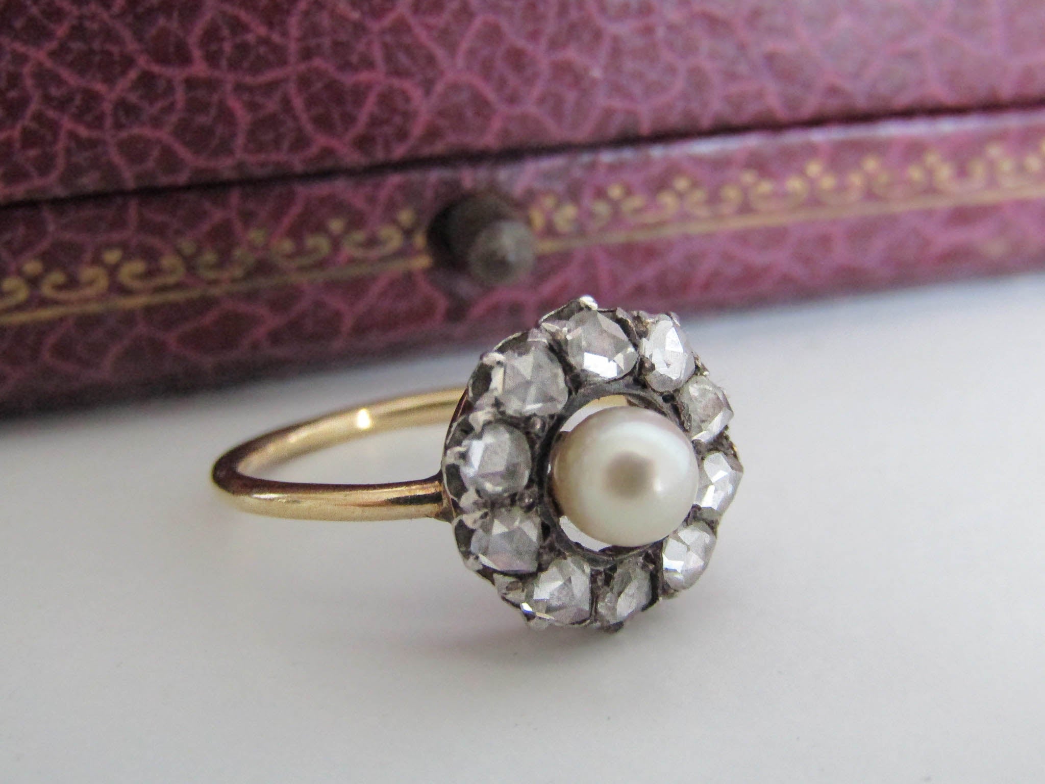 Late Victorian Era Pearl Ring w/ Rose Cut Diamond Accents 14K Yellow Gold