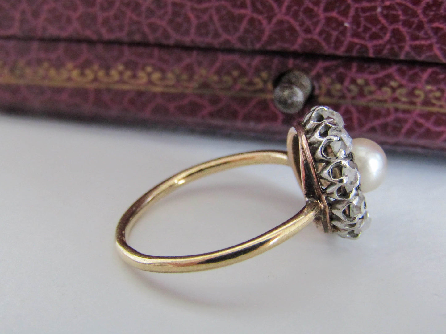 18k Diamond and Pearl Cluster Ring, Victorian French Daisy Ring, Antique XIX Century Ring