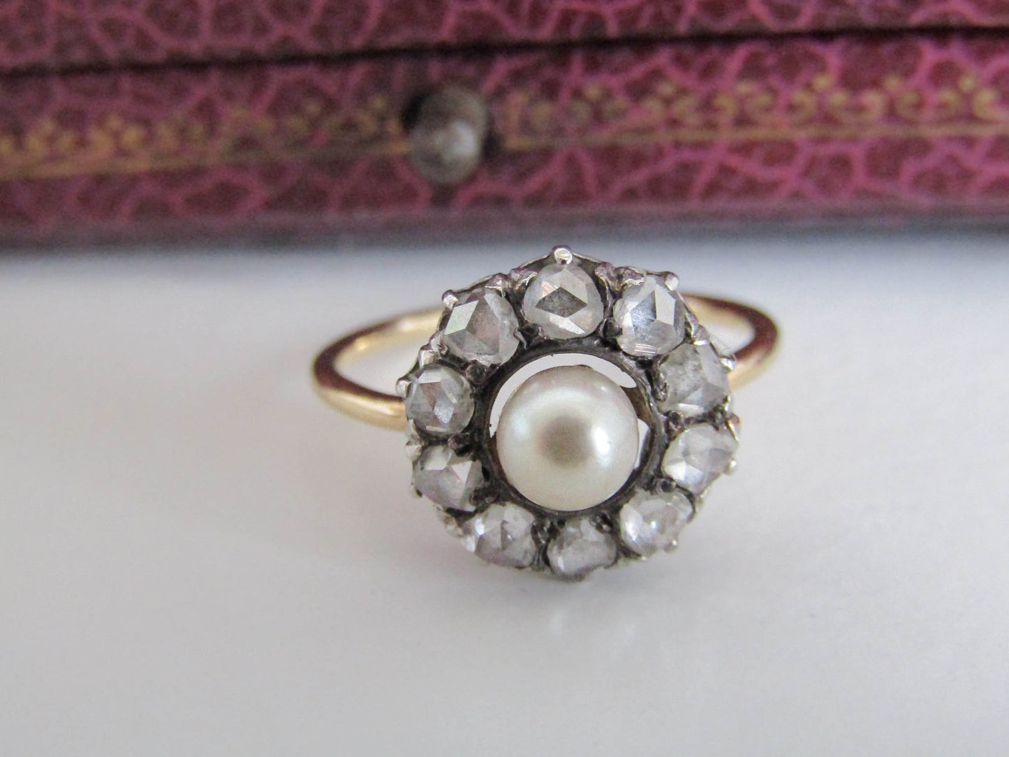 18k Diamond and Pearl Cluster Ring, Victorian French Daisy Ring, Antique XIX Century Ring