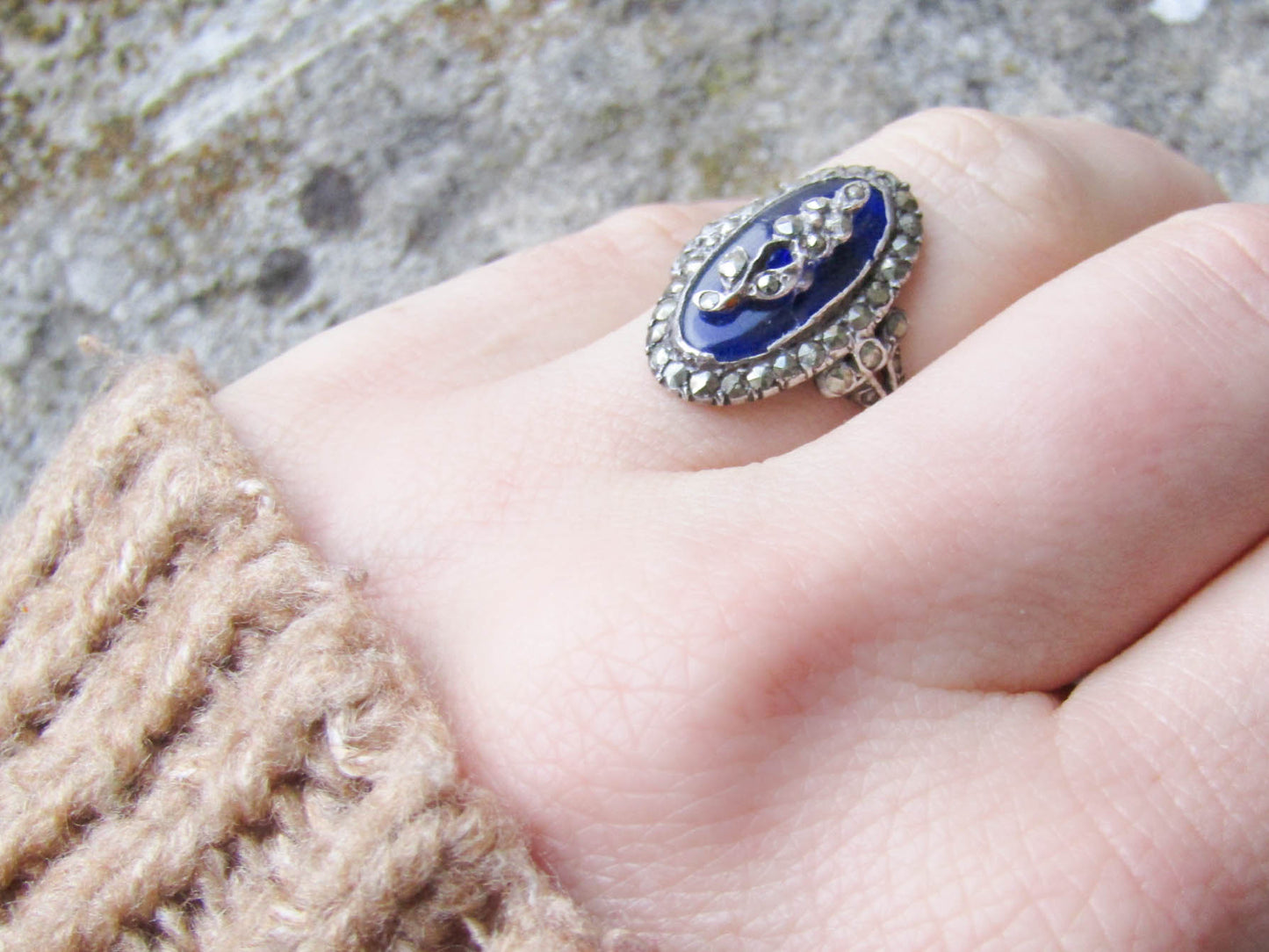 18k French Firmament Ring, Blue Glass Marcasite Ring in Gold and Silver, Rings of Heaven, XIX Century