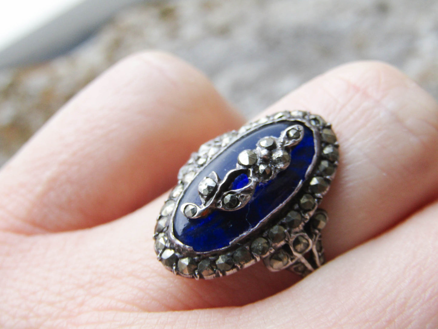 18k French Firmament Ring, Blue Glass Marcasite Ring in Gold and Silver, Rings of Heaven, XIX Century