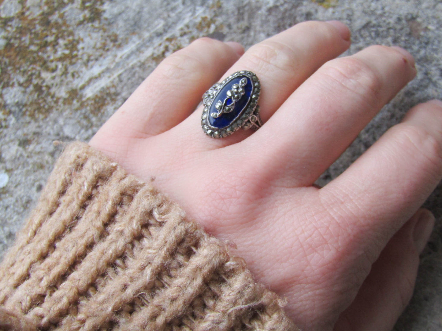 18k French Firmament Ring, Blue Glass Marcasite Ring in Gold and Silver, Rings of Heaven, XIX Century