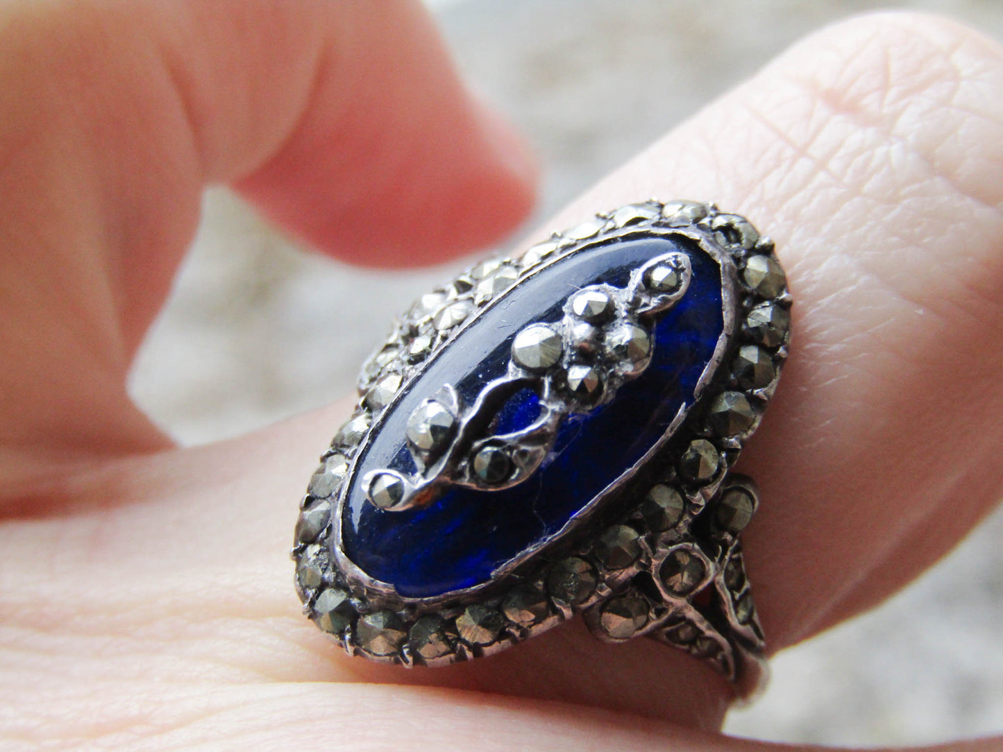 18k French Firmament Ring, Blue Glass Marcasite Ring in Gold and Silver, Rings of Heaven, XIX Century