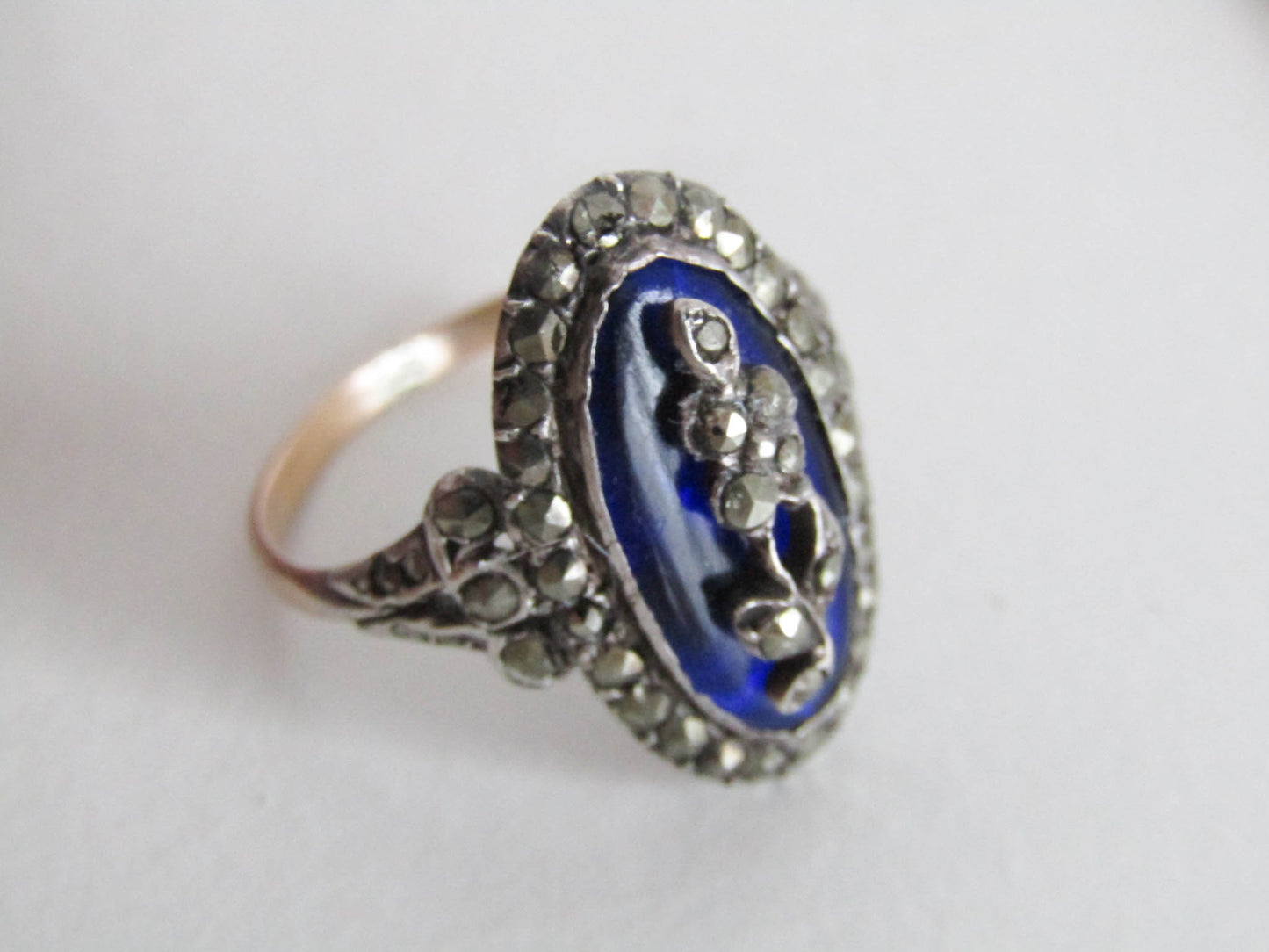 18k French Firmament Ring, Blue Glass Marcasite Ring in Gold and Silver, Rings of Heaven, XIX Century