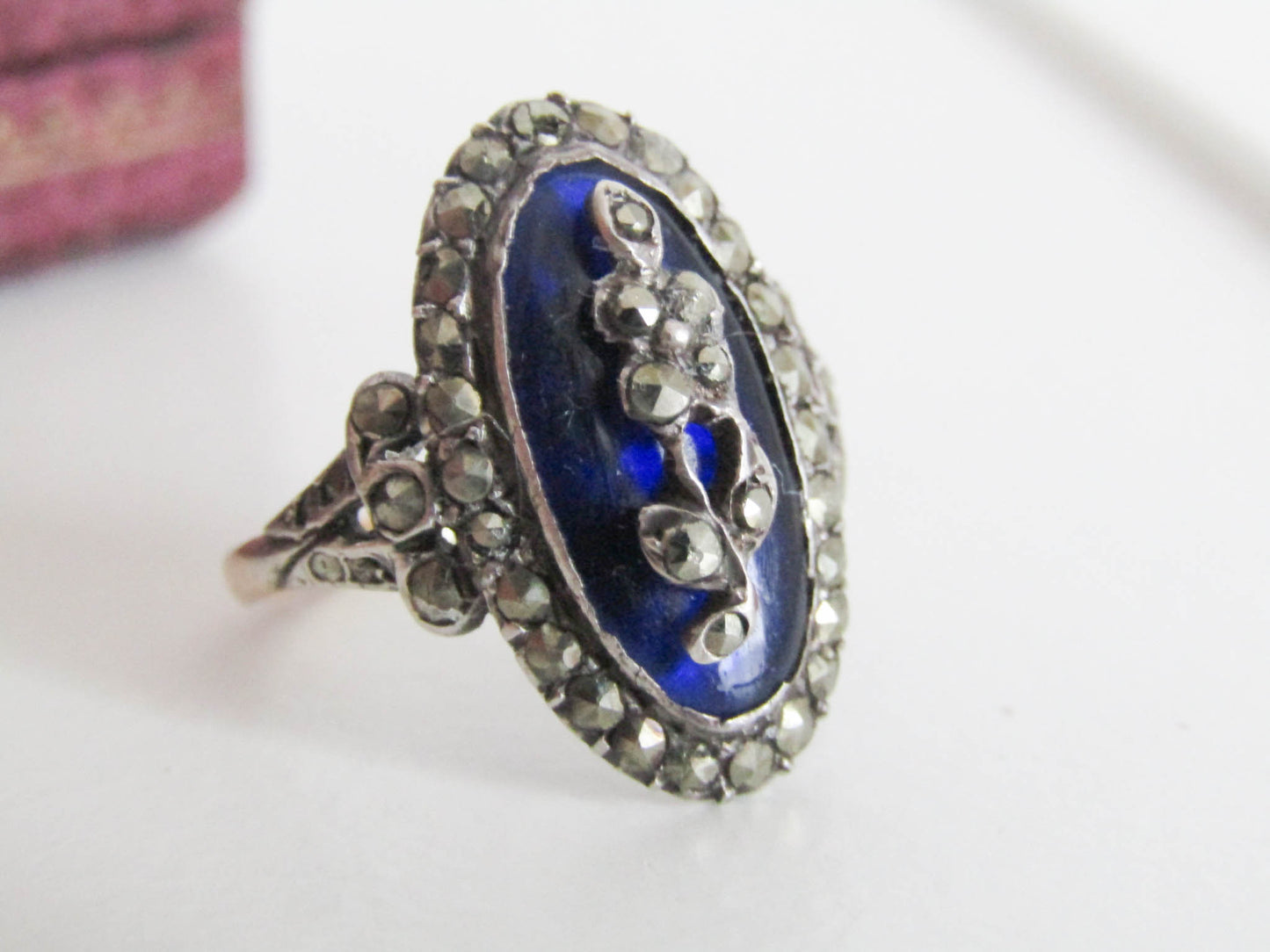 18k French Firmament Ring, Blue Glass Marcasite Ring in Gold and Silver, Rings of Heaven, XIX Century