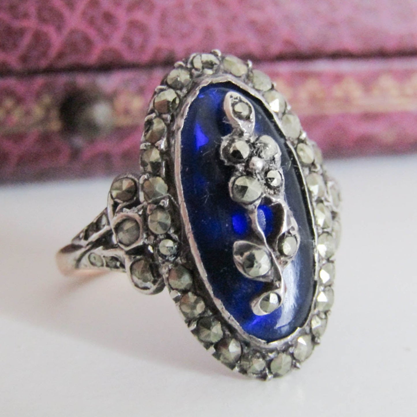 18k French Firmament Ring, Blue Glass Marcasite Ring in Gold and Silver, Rings of Heaven, XIX Century