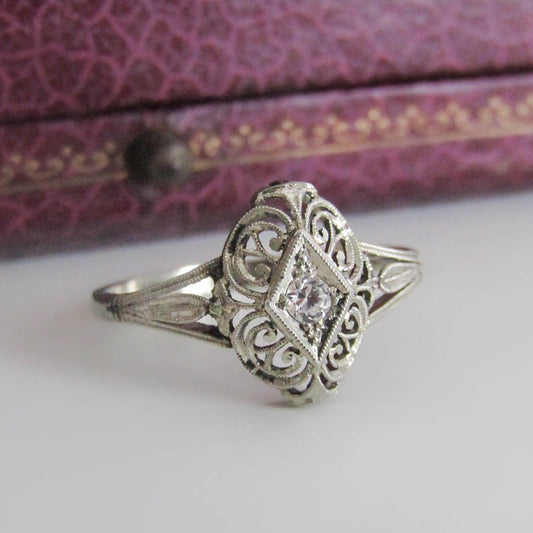 18k White Gold Art Deco Engagement Ring, Antique Marquise Filigree White Sapphire Engagement Ring