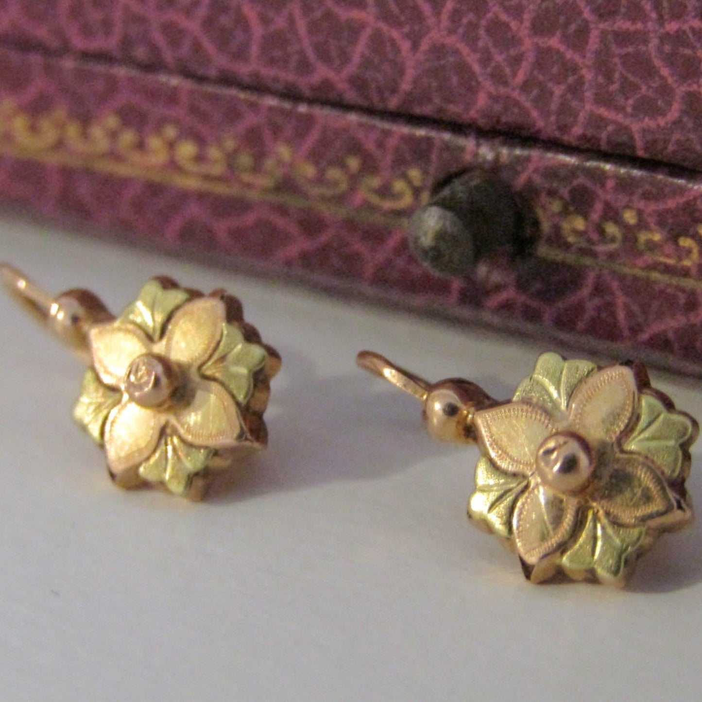 18k Floral Dormeuse Earrings, Antique French Victorian Earrings