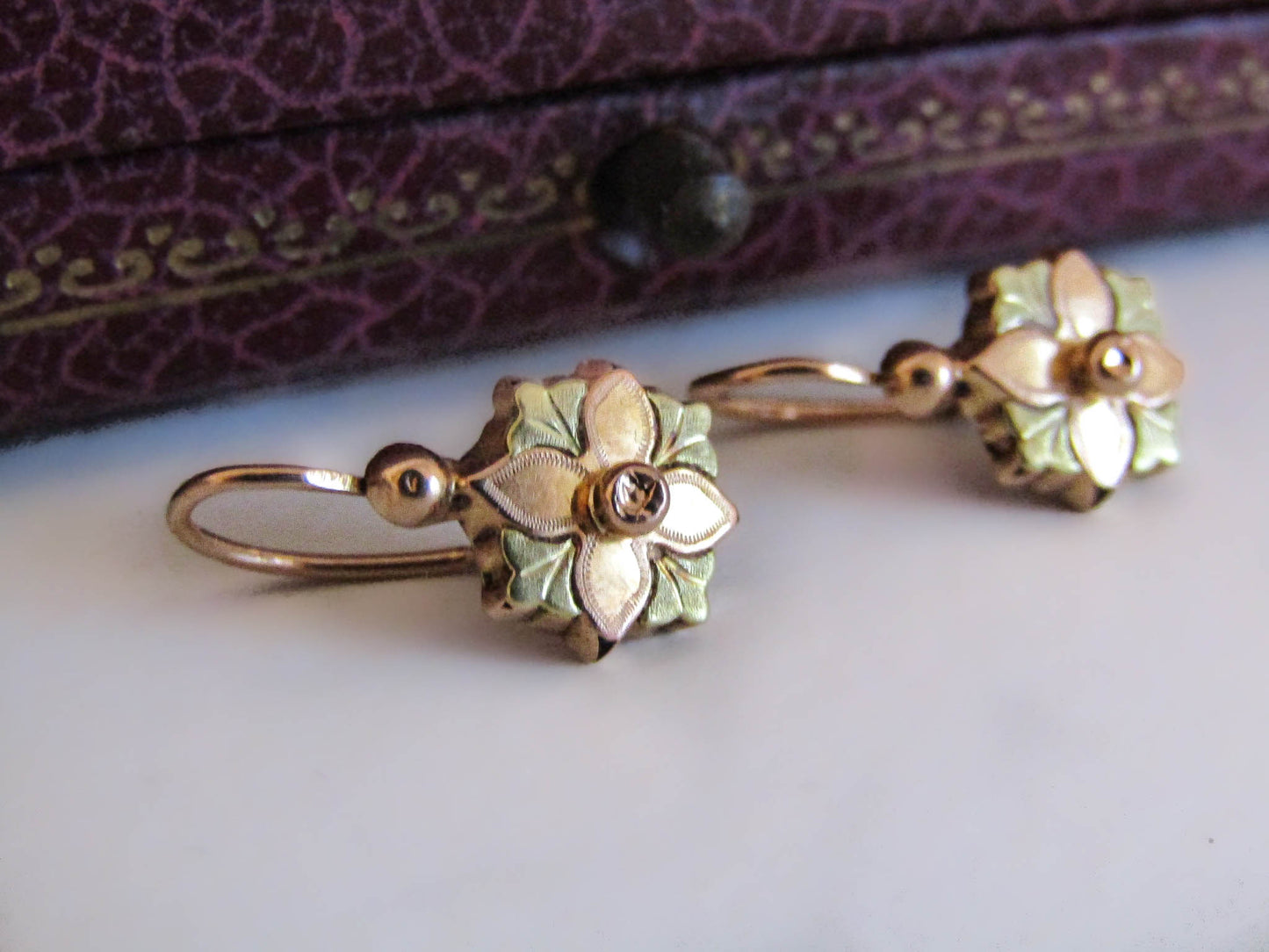 18k Floral Dormeuse Earrings, Antique French Victorian Earrings