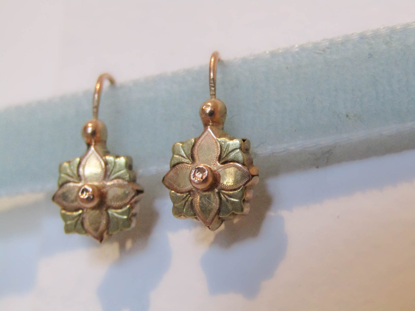 18k Floral Dormeuse Earrings, Antique French Victorian Earrings