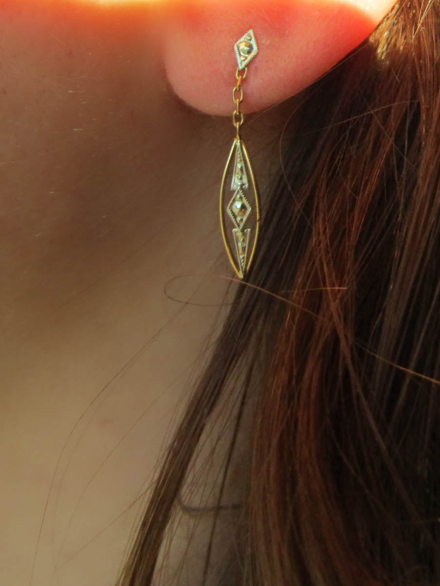18K Art Deco Bicolor Earrings c. 1930 Vintage French Gold Drop Earrings Something Old