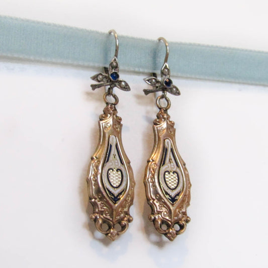 Victorian Gold Filled Enamel Day & Night Earrings, Antique Gold Fill Drop Earrings, Dangle Earrings