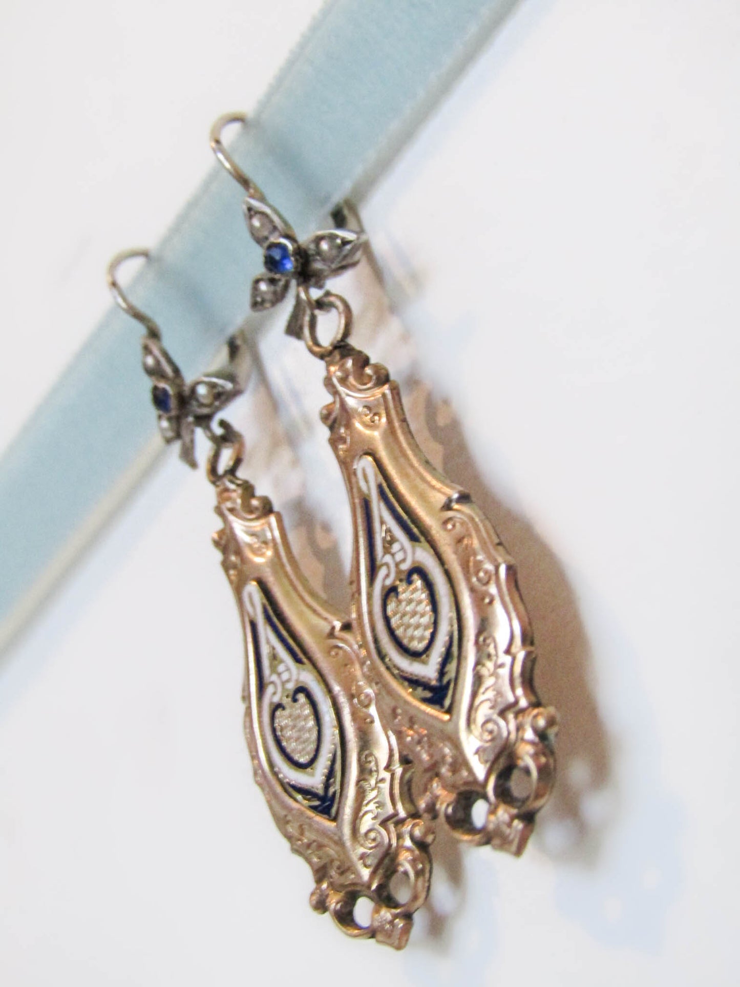 Victorian Gold Filled Enamel Day & Night Earrings, Antique Gold Fill Drop Earrings, Dangle Earrings