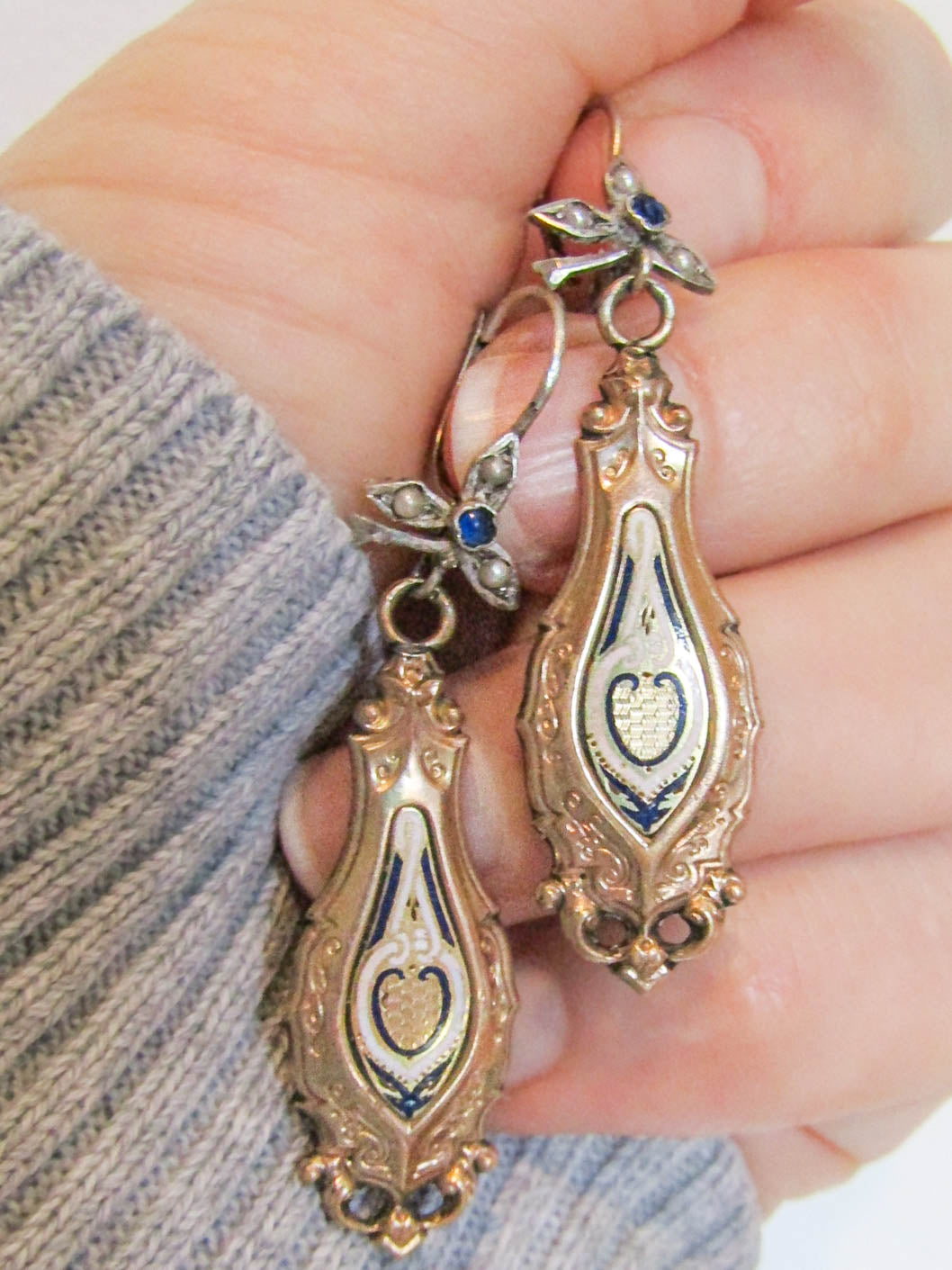 Victorian Gold Filled Enamel Day & Night Earrings, Antique Gold Fill Drop Earrings, Dangle Earrings