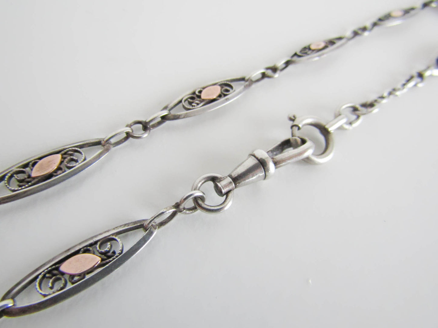 Silver Filigree Watch Chain with Gold Fill, Antique French Silver Chain