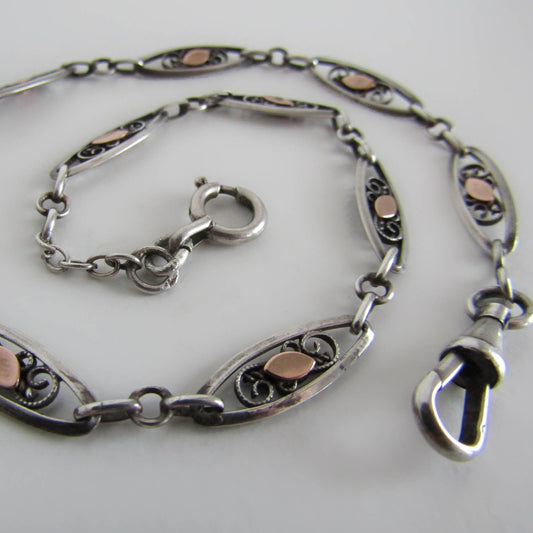 Silver Filigree Watch Chain with Gold Fill, Antique French Silver Chain