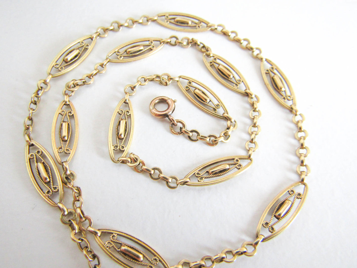 Victorian 18k Filigree Necklace Chain, Antique French Gold Sautoir c. 1890