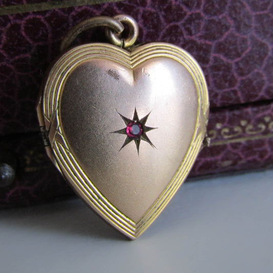 Antique Edwardian Gold Filled Heart Locket with Ruby Paste Stone c. 1900