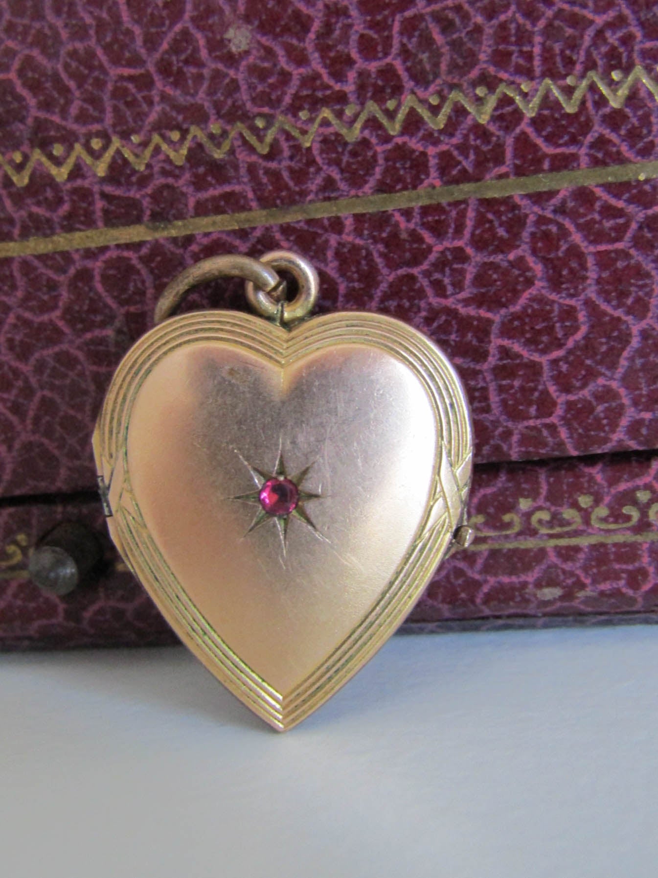 Antique Edwardian Gold Filled Heart Locket with Ruby Paste Stone c. 1900