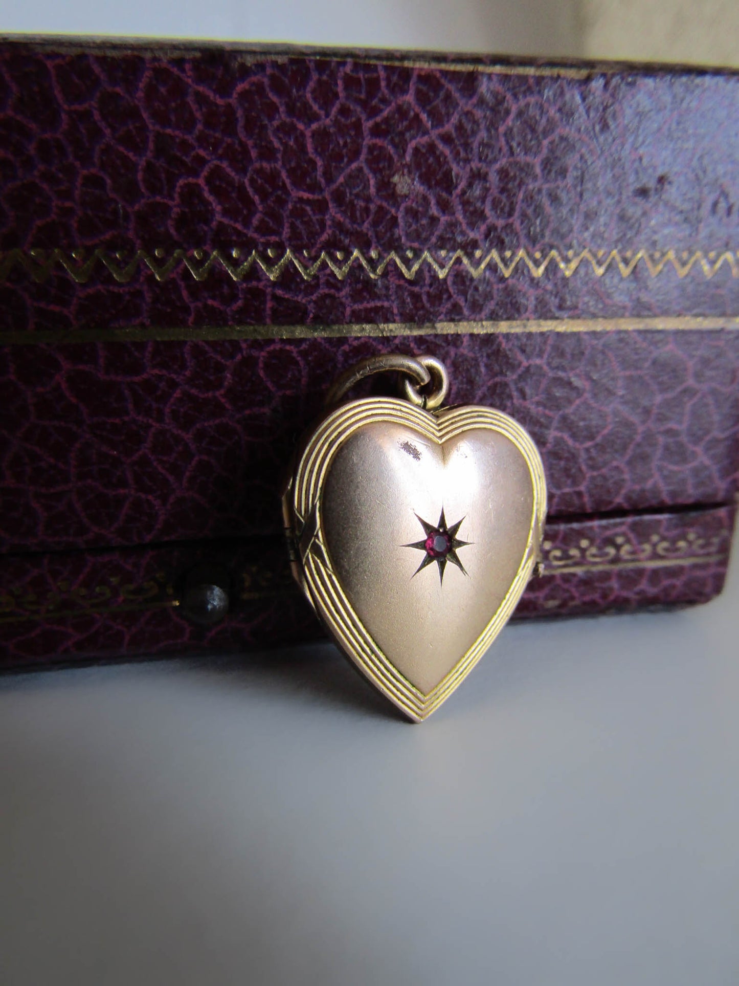 Antique Edwardian Gold Filled Heart Locket with Ruby Paste Stone c. 1900