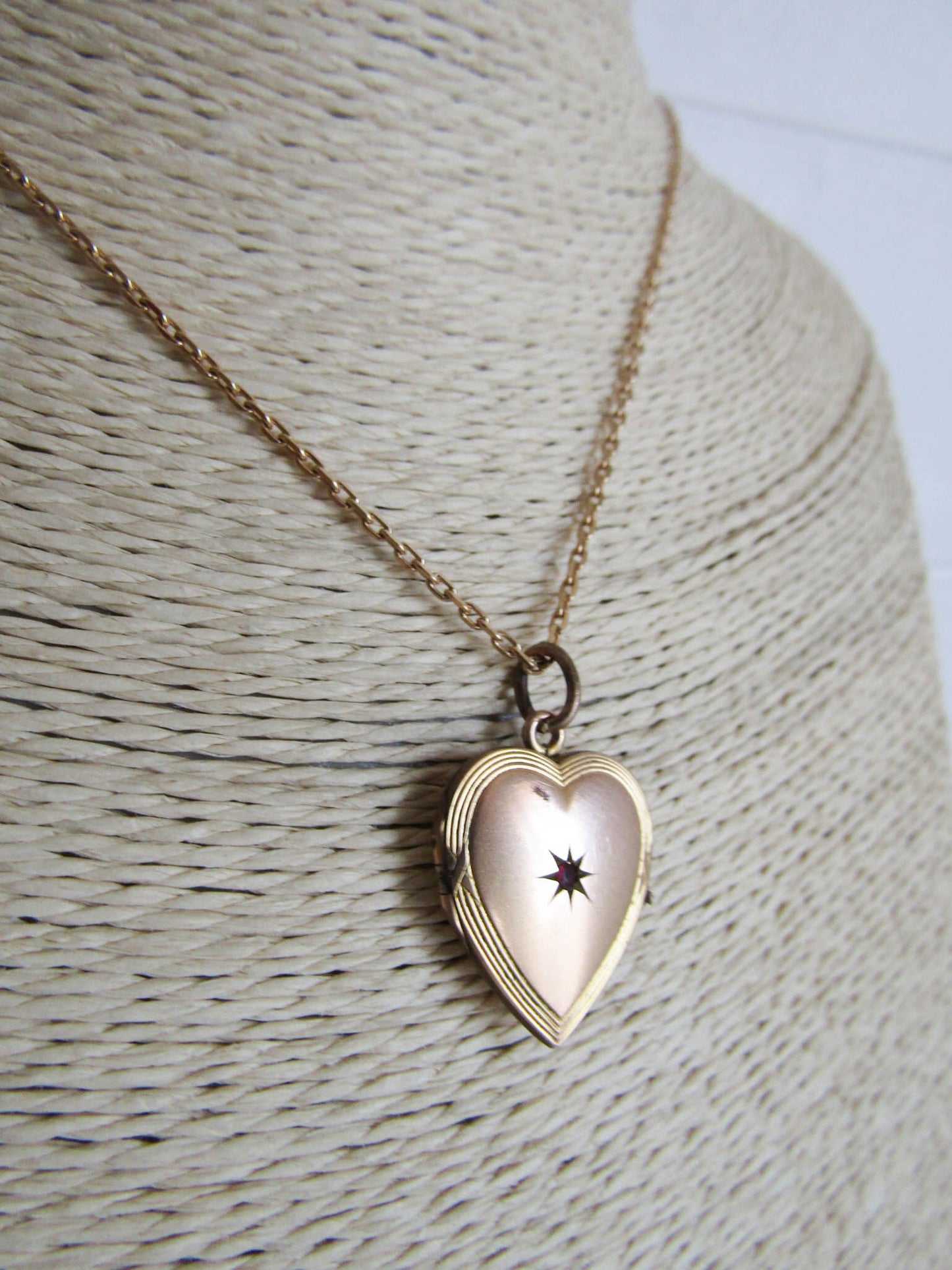 Antique Edwardian Gold Filled Heart Locket with Ruby Paste Stone c. 1900