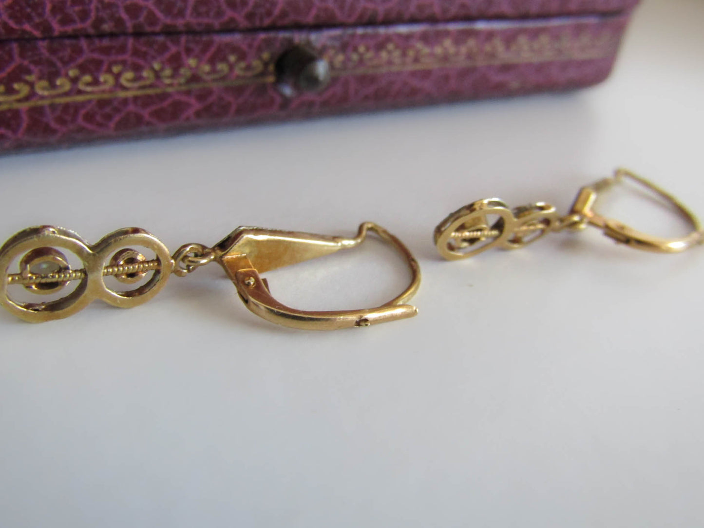 18K Gold Edwardian Drop Earrings, Antique French Dangle Earrings c. 1900