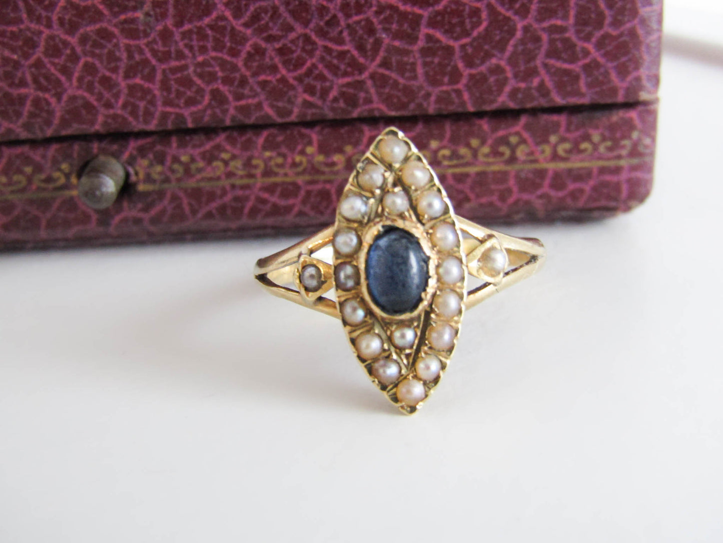 18K Edwardian Navette Cluster Ring with Seed Pearls, Pierced Gallery, and Sapphire Paste