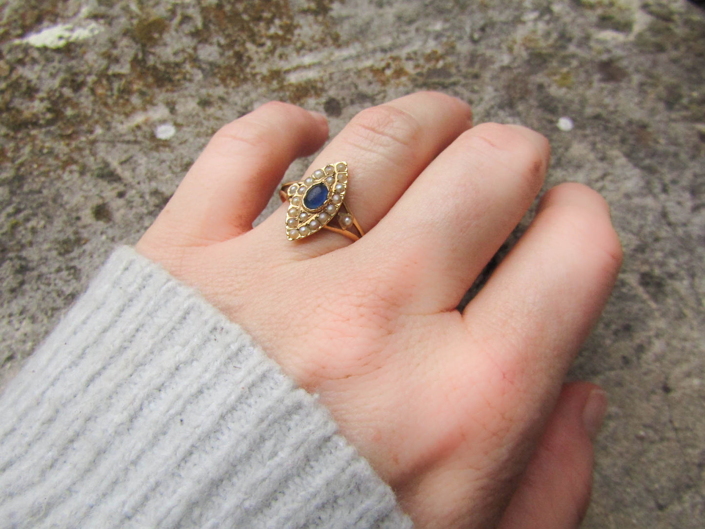 18K Edwardian Navette Cluster Ring with Seed Pearls, Pierced Gallery, and Sapphire Paste