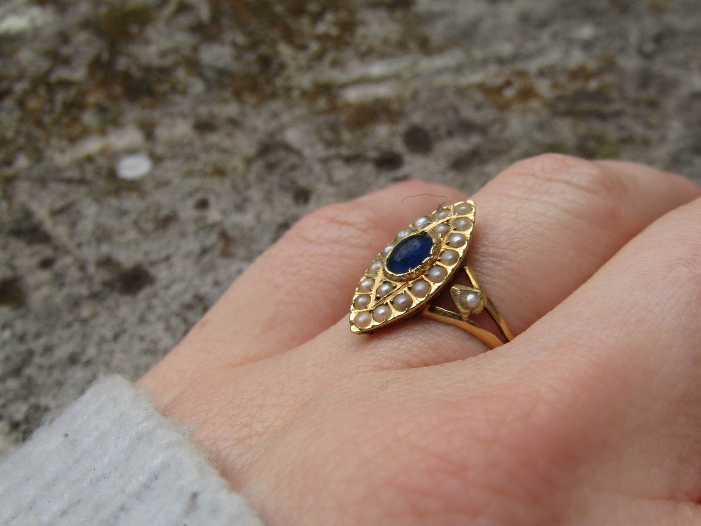 18K Edwardian Navette Cluster Ring with Seed Pearls, Pierced Gallery, and Sapphire Paste