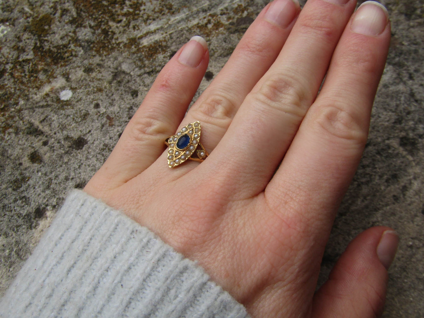 18K Edwardian Navette Cluster Ring with Seed Pearls, Pierced Gallery, and Sapphire Paste