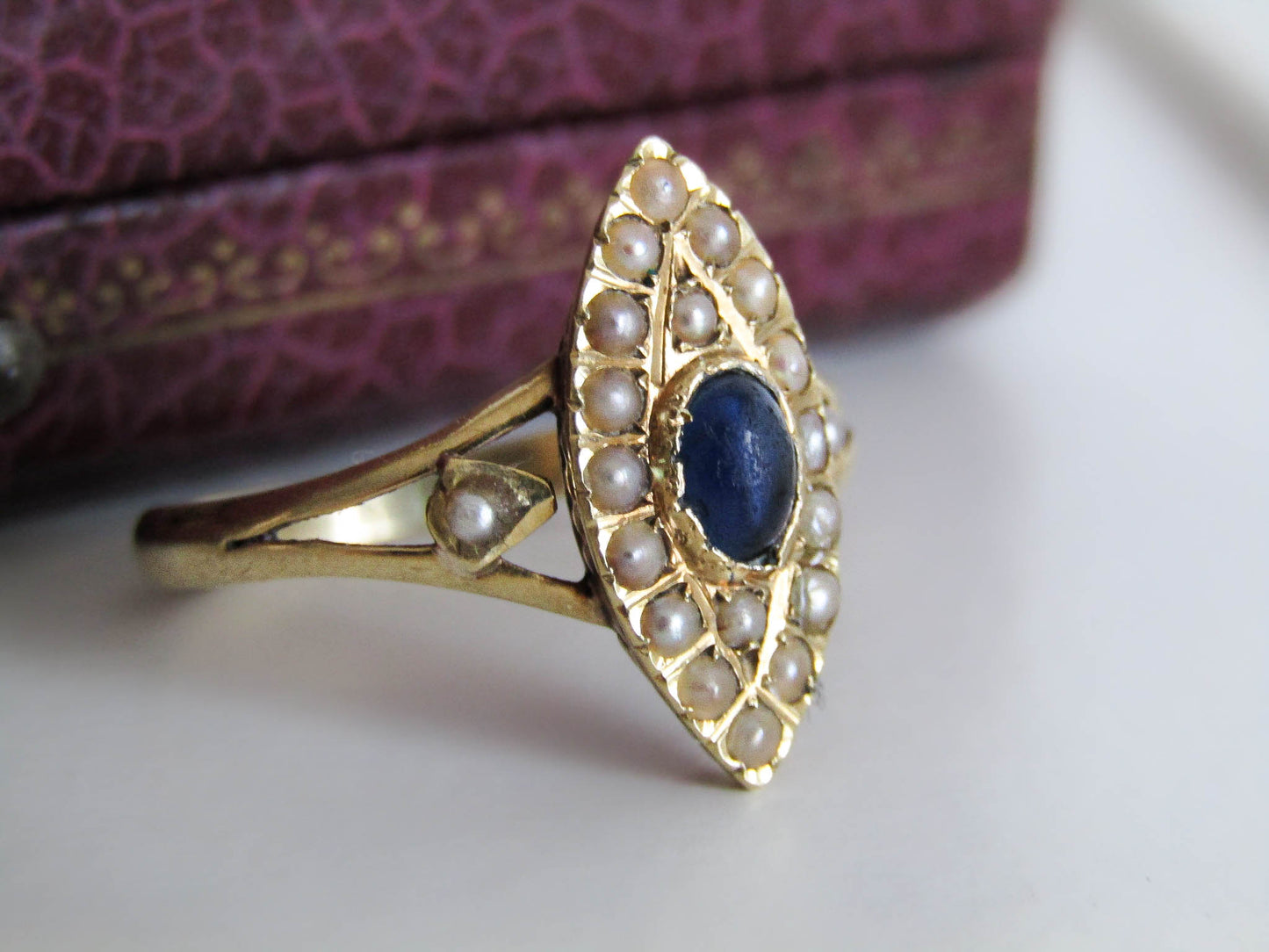 18K Edwardian Navette Cluster Ring with Seed Pearls, Pierced Gallery, and Sapphire Paste